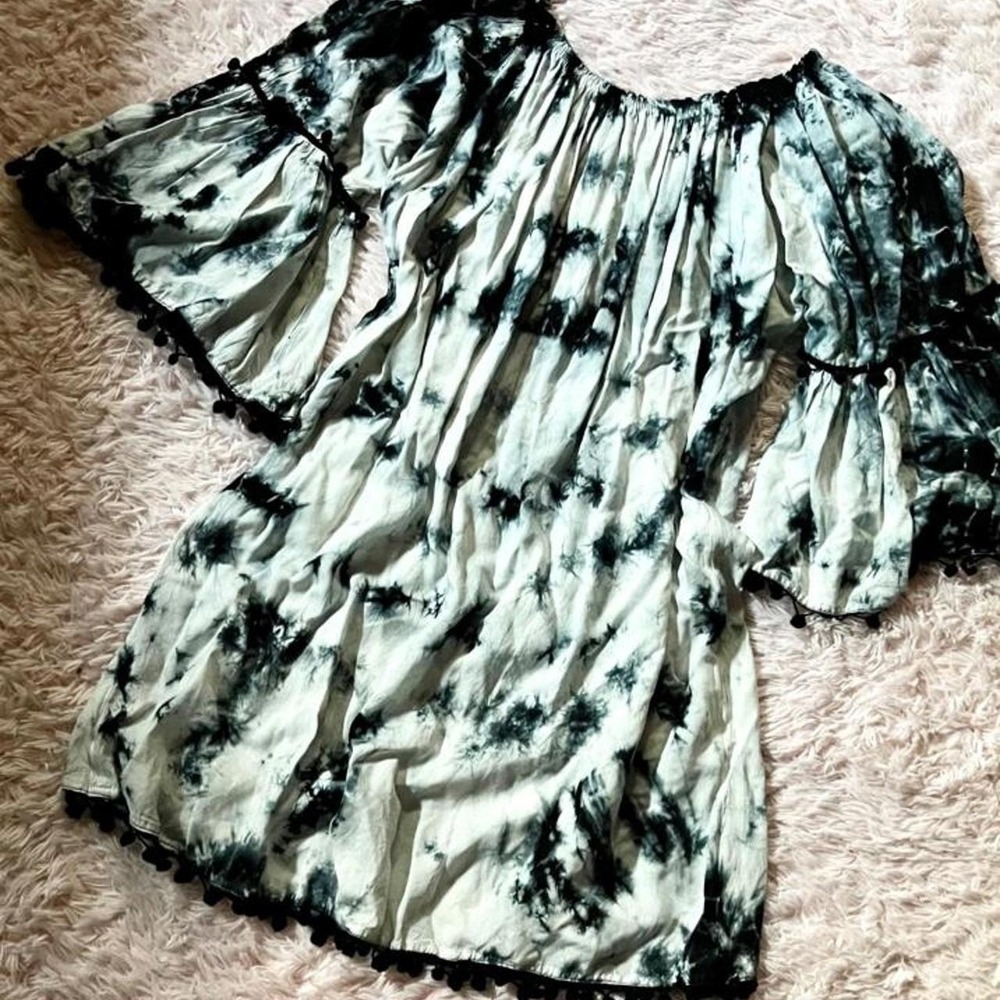 Tie Dye Monochrome Hippie Ruffle Fringe‎ Whimsical Tunic Womens OS Granola Boho
